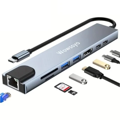 Abbildung von Wowssyo USB C Ethernet 8 in 1 Hub Multiport Hub, HDMI 4K, PD 100W, 3.0, SD/TF Daten, MacBook M1 Air Pro, iPad Pro Air, Switch, Chromecast, Windows, Dell, Handy und mehr