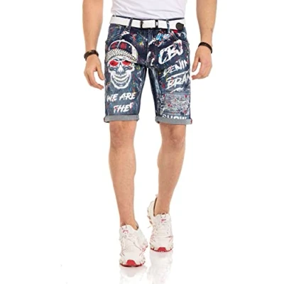 Abbildung von Cipo &amp; Baxx Herren Kurze Hose Jeans Bermuda Shorts Denim Destroyed Nieten CK255 Blau W29