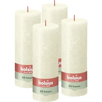 Abbildung von Bolsius Rustik Stumpenkerzen Elfenbein 4 Stück 19 x 7 cm Länge Brenndauer 85 Stunden Unparfümierte Natürliches Pflanzenwachs Ohne Palmöl