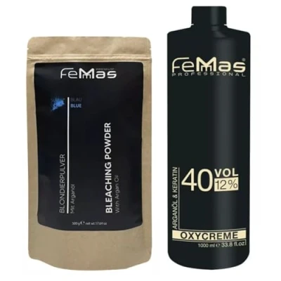 Abbildung von FeMmas Blondier Set 12% I Blaues Blondierpulver 500g &amp; Oxycreme Entwickler 1000 ml Perfektes Starterset Für die Aufhellung zuhause eine Blondierung um bis zu 9 Tonstufen in Salon Qualität