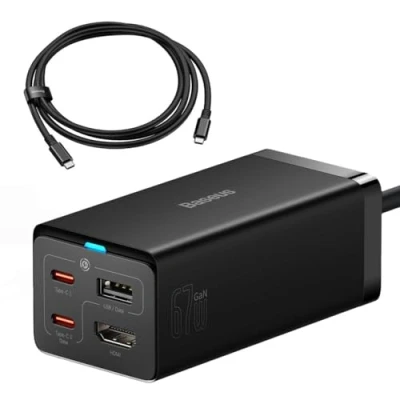 Abbildung von Baseus HUB GaN5 Pro Fast Charger C+C+U+HDMI with Power Cable 1.5m + Type C to (1m, 100W, 40Gb/s), Black EU (CCGP110201)