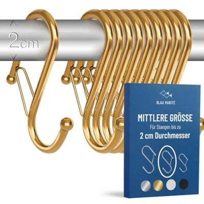Abbildung von Blau Marité 10 Stück robuste S Haken aus Metall, rutschfeste mit Sicherheitsverschluss. Für Stangen bis zu 2 cm Durchmesser. Schränke, Bad, Küche und Garten.(MTL, Gold)