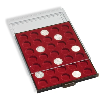Abbildung von Leuchtturm, Münzbox, MB für Euro Münzsätzesätze (5 Sätze) Rauchfarbe/Transp. Abm: 236x303x20 mm. pro Stk.