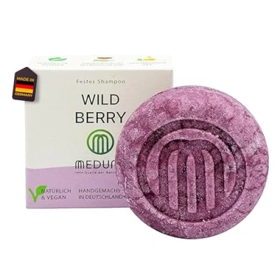 Abbildung von MEDUNA festes Haar Shampoo Wild Berry 75g Beerenduft Haarseife mit Bio Kokosöl &amp; Shea Butter Naturkosmetik Haarpflege Pflegeshampoo alle Haartypen Made in Germany (1)