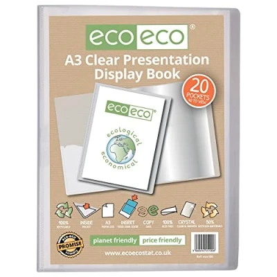 Abbildung von eco eco100 Präsentationsbuch, A3, 50% recycelt, 20 Fächer, transparent, Aufbewahrungsbox, Portfolio, Kunstmappe mit Kunststoffhüllen, transparent