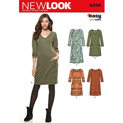 Abbildung von New Look Größe A 101214161850,855,9 cm einfach, nur 4 Knits Schnittmuster 6298 Misses Knit Kleid, Mehrfarbig