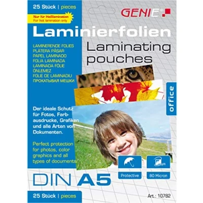Abbildung von Genie 10782 Laminierfolien (Glasklar; 80 Mikron für Formate bis zu DIN A5; geeignet alle HeiÃŸlaminiergeräte) 10 Stück