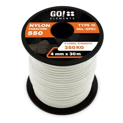 Abbildung von GO!elements 30m Paracord Seil aus reißfester Nylonschnur 4mm 550 Typ III Schnur geeignet als Allzweckseil &amp; Reepschnur Max. 250kg, Farbe: Weiß
