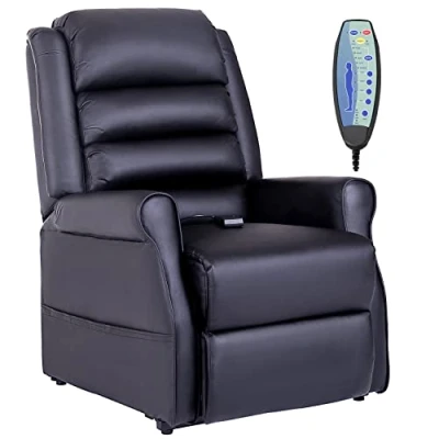 Abbildung von HOMCOM Sessel mit Aufstehhilfe, Massagesessel Liegefunktion, Relaxsessel Becherhalter, Aufstehsessel Fernbedienung, aus Kunstleder, Schwarz