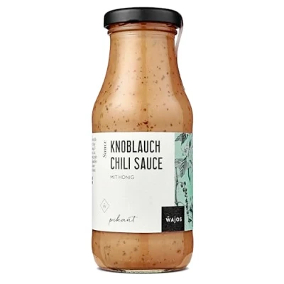 Abbildung von Wajos Knoblauch Chili Sauce mit Honig: 245 ml Saucen Genuss, Scharfe Gourmet Hot Knoblauchnote, zum Grillen