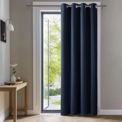 Abbildung von Deconovo Verdunkelungsvorhang Gardine Wohnzimmer Thermogardine Kälteschutz Ösen, 180x140 cm(HöhexBreite), Dunkelblau, 1 Stück