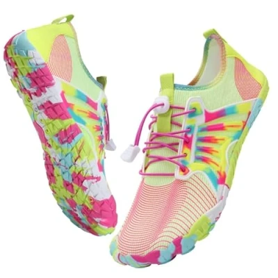 Abbildung von IceUnicorn Barfußschuhe Damen Herren Breite Traillaufschuhe Zehenschuhe Unisex Schwimmschuhe Strandschuhe Aquaschuhe(Gelb Rosa, 39EU)