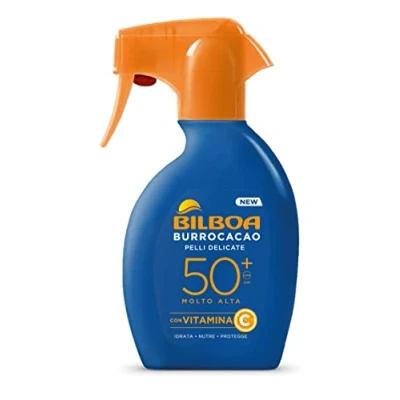 Abbildung von Bilboa Burrocacao Sonnenspray Trigger SPF 50+, hoher Sonnenschutz für empfindliche Haut, Formel mit Vitamin C, feuchtigkeitsspendend, nährt und schützt, ohne Alkohol, dermatologisch getestet, 250 ml