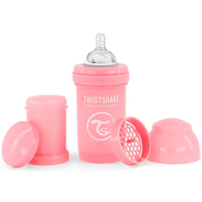 Abbildung von Twistshake Anti Kolik Babyflasche mit Trinksauger aus Weichem Silikon, Trinkflasche Bodenventil gegen Koliken und Sauger Größe Klein, Milchflasche, 180 ml, BPA Frei, ab 0 Monate, Pastellrosa