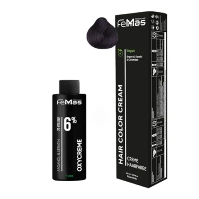 Abbildung von Femmas Haarfarbe Set Mittelbraun Violett 4.2 I Hair Color Cream 100ml + Oxycreme 6% Permanente Haar Coloration Entwickler Schonend &amp; langanhaltend Salon für Zuhause