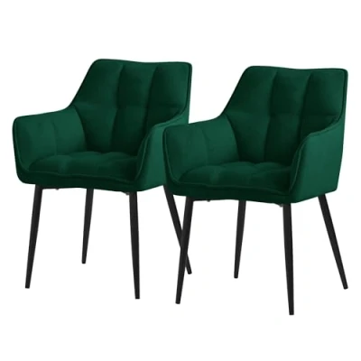 Abbildung von ML Design Esszimmerstühle 2er Set aus Frotteestoff, Dunkelgrün, Küchenstuhl dickem gepolsterter Sitz &amp; Metallbeinen, Wohnzimmerstuhl mit Rücken und Armlehnen, Polsterstuhl, Ergonomischer Loungesessel