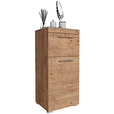 Abbildung von Newroom Kommode Badezimmer Schrank Wildeiche mit viel Stauraum 37x79x31 cm (BxHxT) Badezimmerschrank Holz Badkommode Badezimmermöbel [Trinity.Ten]