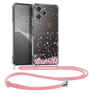 Abbildung von kwmobile Necklace Case kompatibel mit Xiaomi Redmi 12 Hülle Silikon Cover Handykette Rosa Dunkelbraun Transparent Kirschblütenblätter