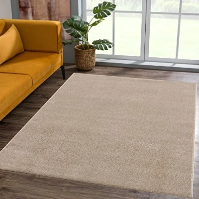 Abbildung von SANAT Kurzflor Teppich Wohnzimmer Uni Modern Teppiche fürs Schlafzimmer, Arbeitszimmer, Büro, Flur, Kinderzimmer und Küche Beige, 60 x 110 cm