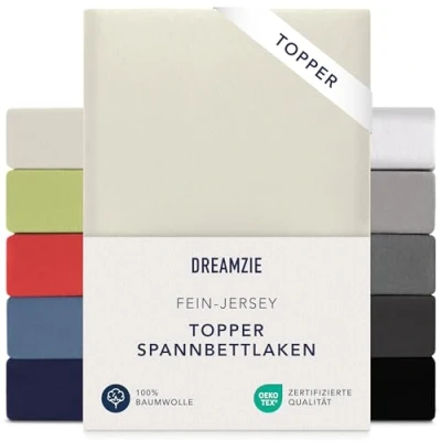 Abbildung von Dreamzie Premium Topper Spannbettlaken 90x200 cm 100x200 extra niedriger Steg für Boxspringbett Topperauflage Spannbetttuch Jersey Baumwolle, 150 g/m² Oeko TEX Beige