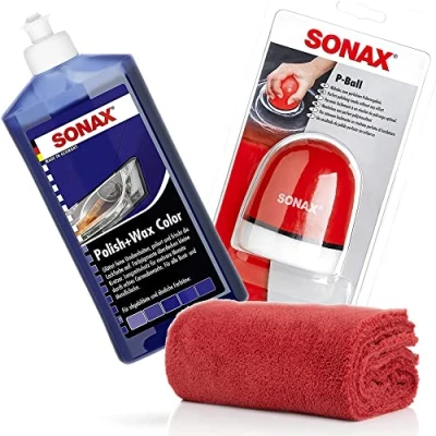 Abbildung von detailmate SONAX Hand Polier Bundle: Polish+Wax Color blau 500ml Politur + P Ball ergonomischer Edgeless Mikrofaser Poliertuch 550GSM rot