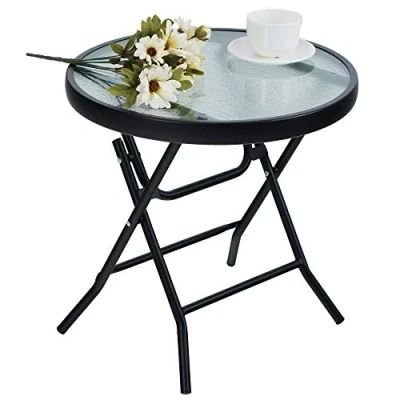 Abbildung von PHIVILLA Klappbar Runder Beistelltisch Glas aus Metall Gartentisch Kaffeetisch Klein Balkontisch wetterfest pflegeleicht für Balkon Garten Terrasse Wohnzimmer