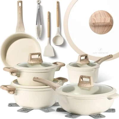 Abbildung von JUST PERFECTO Induktions töpfe set Pfannenset mit deckel &amp; pfannen ohne PTFE und PFOA Kratzschutz Silikon Kochgeschirr Topfset induktion 14 pcs black