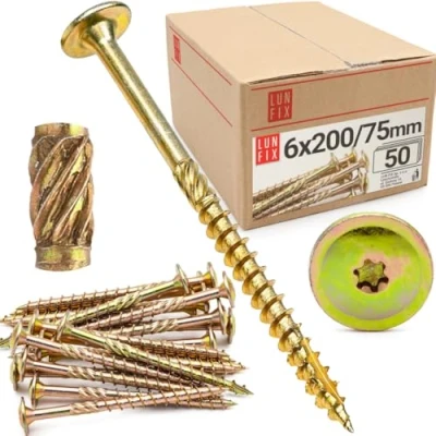 Abbildung von Lun Fix Tellerkopfschrauben 6x200 mm 50 Stück TX30 Tellerkopf/Fräsrippen Gelb Verzinkt Torx Schrauben Holzschrauben Flachkopfschrauben Holz Konstruktionsschrauben