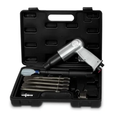 Abbildung von EBERTH Druckluftmeißel mit Koffer, Werkzeug Set 10 teilig, 4500 Schläge/min, 5x Meißel 150 mm, Druckluft Meißelhammer 1/4&quot; Anschluss, inkl. Druckluftkupplung, Ölkännchen (leer) und Haltefeder