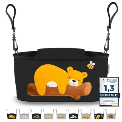 Abbildung von GRINSEZWERGE Kinderwagen Organizer 12 Motive mit Feuchttuchspender I Tasche Schultergurt Kinder Buggy Kinderwagentasche Aufbewahrungstasche Baby Stroller Bag schwarz Bär
