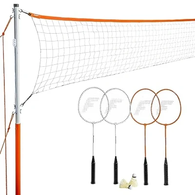 Abbildung von Franklin Sports Unisex Erwachsene Starter beinhaltet 4 Stahlschläger, 2 Vögel, verstellbares Netz und Heringe Hinterhof oder Strand Badminton Set einfache Netzeinrichtung, Einheitsgröße