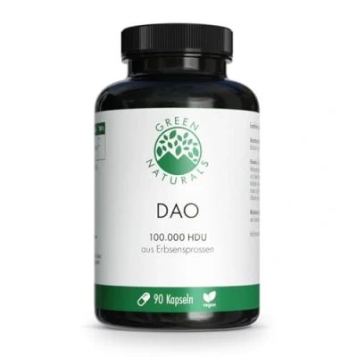 Abbildung von DAO Kapseln VEGAN Hochdosiert: 100,000 HDU 100 mg Erbsensprossenpulver je Kapsel zur einfachen Dosierung Apothekenqualität 90 Green Naturals®