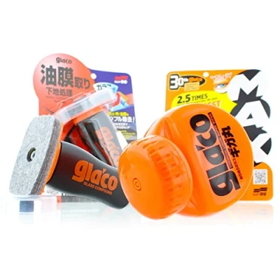 Abbildung von Scheibenversiegelung Set: Soft99 Glaco Roll On Max (300ml) + Glass Compound (100ml) Auto Glaspolitur Glasversiegelung für extrem glatte Autoscheiben