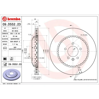 Abbildung von BREMBO 09.D552.23 Bremsscheibe 350 25 5 innenbelüftet, Verbundbremsscheibe beschichtet hochgekohlt LAND ROVER: Defender SUV
