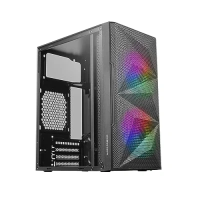 Abbildung von Mars Gaming MC ME Schwarz, Kompaktes MicroATX Gehäuse, Seitenfenster aus Gehärtetem Glas, Geometrisches Total Mesh Frontdesign, 2X 120mm FRGB Lüfter