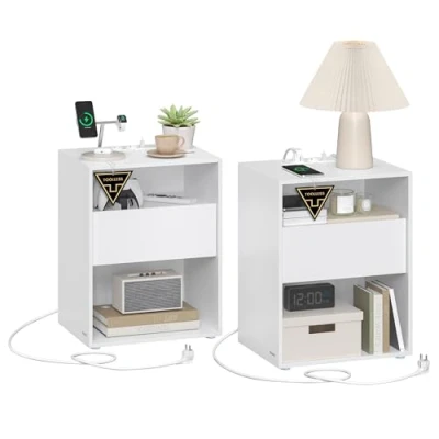 Abbildung von VASAGLE Nachttisch, Beistelltisch mit Ladefunktion, Superschnelle werkzeuglose Montage, Nachtschrank Schublade, modern, Schlafzimmer, Wohnzimmer, Toolless Technologie, mattweiß LET777W04