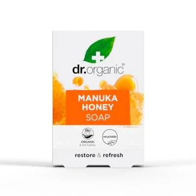 Abbildung von Dr. Organic Manuka Honig Seifenstück, Trockene Haut, Herren, Damen, natürlich, vegetarisch, tierversuchsfrei, paraben und SLS frei, plastikfrei, recycelt &amp; recycelbar, biologisch, 100g