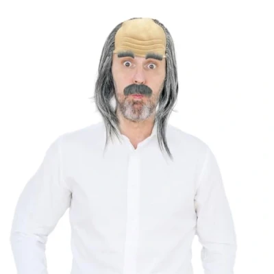 Abbildung von UILYNIU 3 Stück Grau Opa Perücke Set Kostüm Alter Mann Verrückter Professor Schnurrbart Graue Glatze Herren für Halloween Karneval Party Cosplay(Grau)