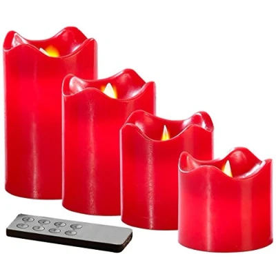 Abbildung von Britesta Flammenlose Kerzen: 4 Echtwachskerzen mit beweglicher LED Flamme, Abgestuft, rot (Fernbedien Kerzen, Kerzen Stabkerzen)