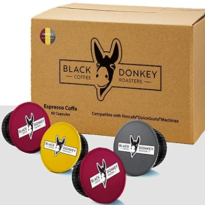 Abbildung von Black Donkey Coffee Roasters 60 Kapseln kompatibel mit Dolce Gusto®* Maschinen (SORTENPACKUNG, Kapseln, Tassen)