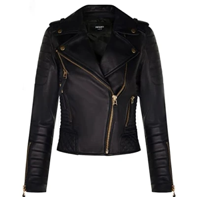 Abbildung von Damen Leder Bikerjacke, Gesteppt, Matt, Schwarz, Goldfarbener Reißverschluss, Echte Nappa Gothic Fashion Moto Jacke M