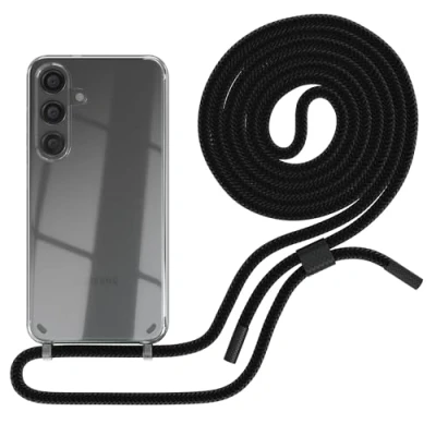 Abbildung von EAZY CASE Handykette kompatibel mit Samsung Galaxy S24 dünne Handyhülle für Hülle Band als Fallschutz Kette zum Umhängen transparente Silikon in Schwarz