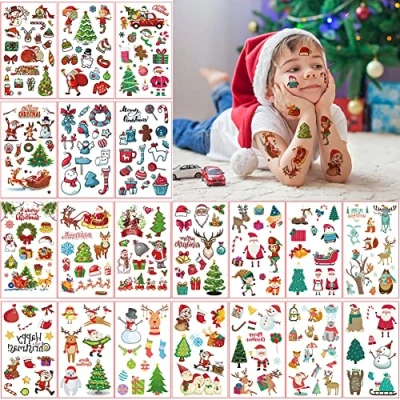 Abbildung von Tattoo Kinder, 20 Blatt Weihnachten Temporäre Tattoos Kindertattoos Aufkleber für Kinder Party Weihnachtsstrumpf Füllstoffe Mitgebsel Kindergeburtstag Geschenktüten Spielen Zubehör Dekoration