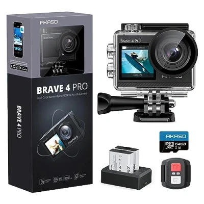 Abbildung von AKASO Brave 4 Pro Action Cam 4K30FPS 20MP mit 64GB U3 Speicherkarte 40M Unterwasserkamera Ultra HD Touchscreen 170 Weitwinkel, EIS Stabilisierung, 5X Zoom, 2.4G Fernbedienung und 2 Akkus 1350mAh