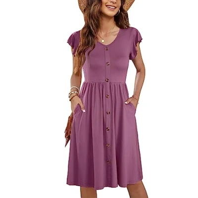Abbildung von MOLERANI Sommerkleid Damen Midi Rüschen Ärmel V Ausschnitt Casual Swing Elastische Taille Kleid mit Taschen natürlicher Violett XL
