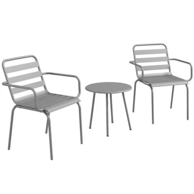 Abbildung von Outsunny Balkonset Bistroset Gartenmöbel Set mit 1 Couchtisch, 2 Stapelbaren Stühlen, (Sitzgruppe, 3 tlg., Gartensitzgarnitur), für Balkon, Terrasse, Stahl, Hellgrau
