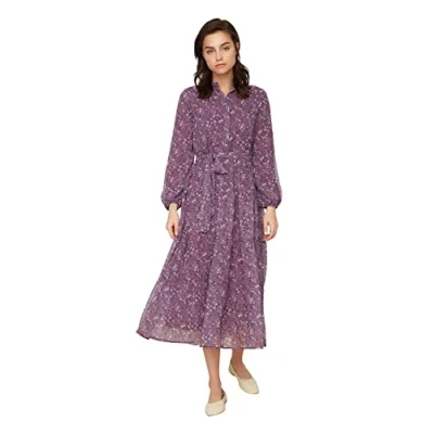 Abbildung von Trendyol Women&#039;s Dunkelrosa Gewebtes Kleid mit Gürtel und Großem Kragen Knöpfen, Rosa, 38