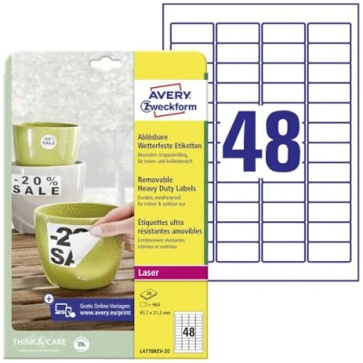 Abbildung von AVERY Zweckform L4778REV 20 Wetterfeste Folienetiketten (960 Aufkleber, 45,7x21,2mm auf A4, selbstklebend, wasserfest, wiederablösbar, strapazierfähig, bedruckbare Outdoor Klebefolie) Blatt, weiß