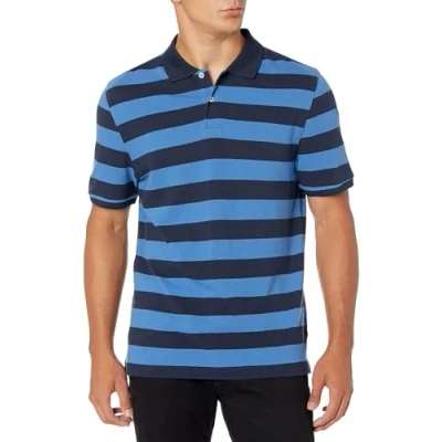Abbildung von Amazon Essentials Herren Piqué Poloshirt aus Baumwolle, Schmale Passform, Schwarz Blau Rugby Streifen, XS