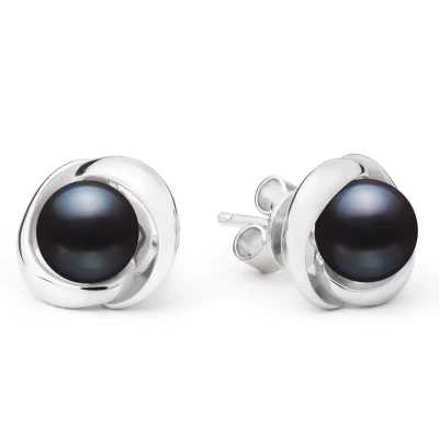 Abbildung von Gaura Pearls Ohrstecker Set Modern echte Perle schwarz rund 7 7.5 mm, Einfassung &quot;Blüte&quot;, 925er rhodiniertes Silber